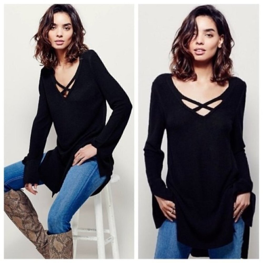 Free People Black Criss Cross Knit Sweater Tunic S